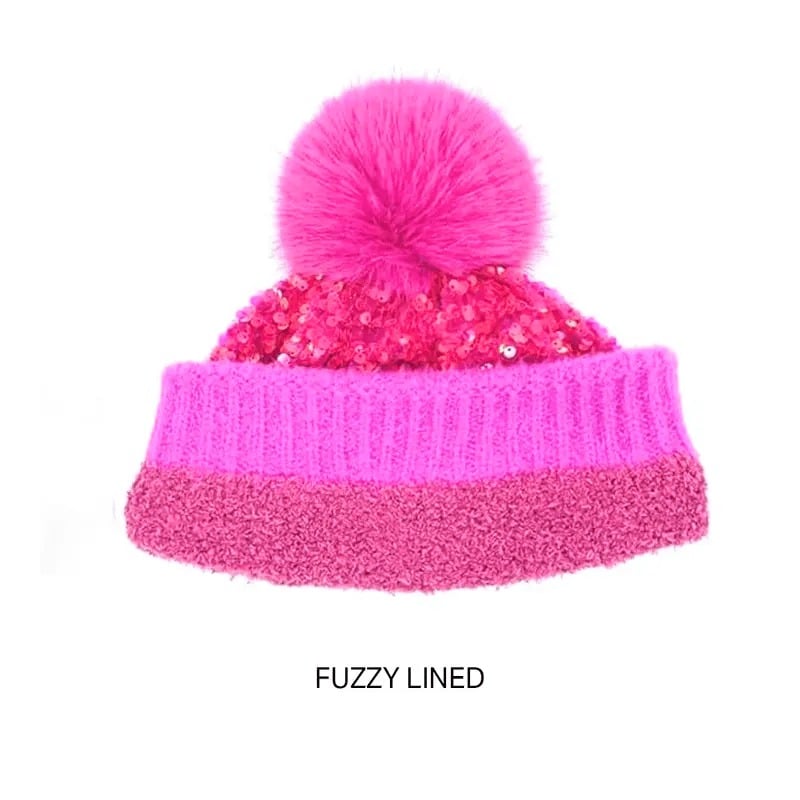 C.C Sequin Fur Pom Beanie