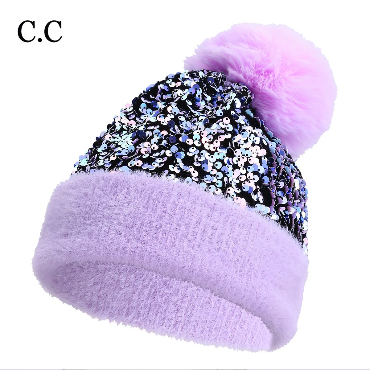 C.C Sequin Fur Pom Beanie