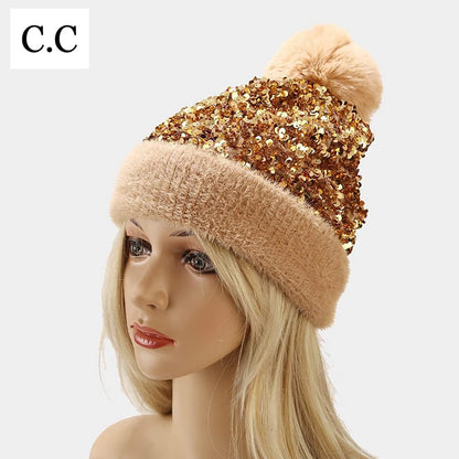 C.C Sequin Fur Pom Beanie
