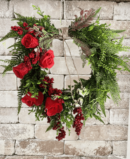 Luhaka®❤️ Valentine's Day Farmhouse Valentine Heart Wreath: Gold Bells. Red Roses & Berries🎉
