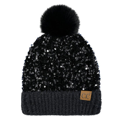 C.C Sequin Fur Pom Beanie