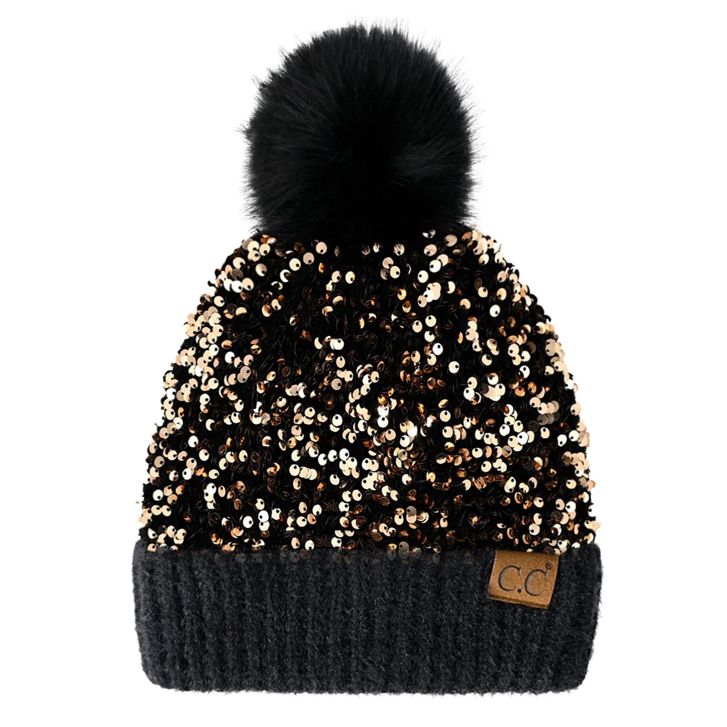 C.C Sequin Fur Pom Beanie