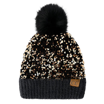 C.C Sequin Fur Pom Beanie