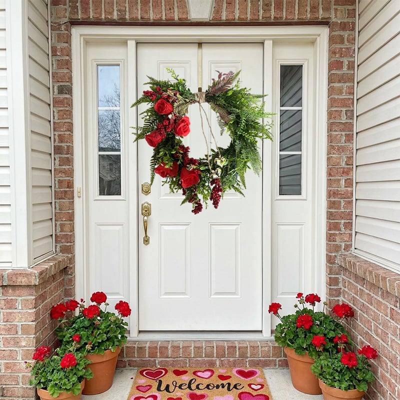Luhaka®❤️ Valentine's Day Farmhouse Valentine Heart Wreath: Gold Bells. Red Roses & Berries🎉