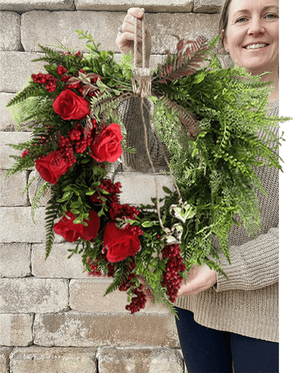 Luhaka®❤️ Valentine's Day Farmhouse Valentine Heart Wreath: Gold Bells. Red Roses & Berries🎉