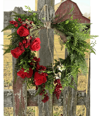 Luhaka®❤️ Valentine's Day Farmhouse Valentine Heart Wreath: Gold Bells. Red Roses & Berries🎉
