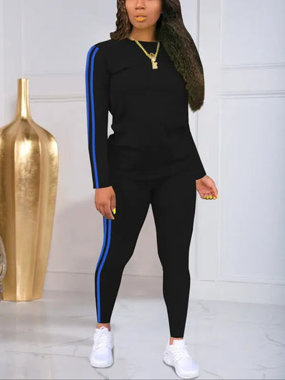 Women's Striped Print Long Sleeve Top & Pants Two-piece Set. Casual Fashion Cozy Round Neck Top & Trousers for Daily Outdoor Wear. Ladies Clothes