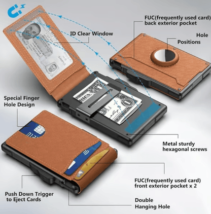 ✨Wallet - With Pop Up Aluminum Case Money Clip Slim Leather Slots Credit Card Holder RFID Blocking Bifold Minimalist Wallet