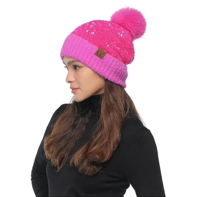 C.C Sequin Fur Pom Beanie