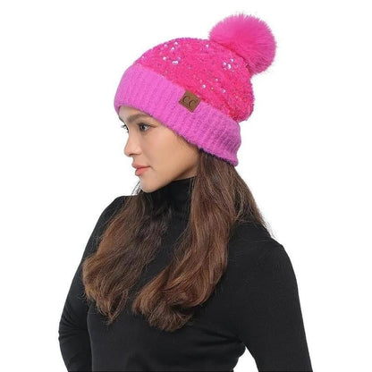 C.C Sequin Fur Pom Beanie