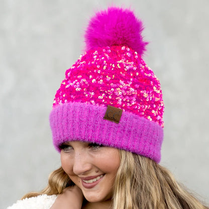 C.C Sequin Fur Pom Beanie