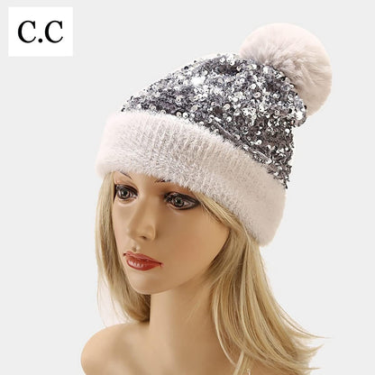 C.C Sequin Fur Pom Beanie