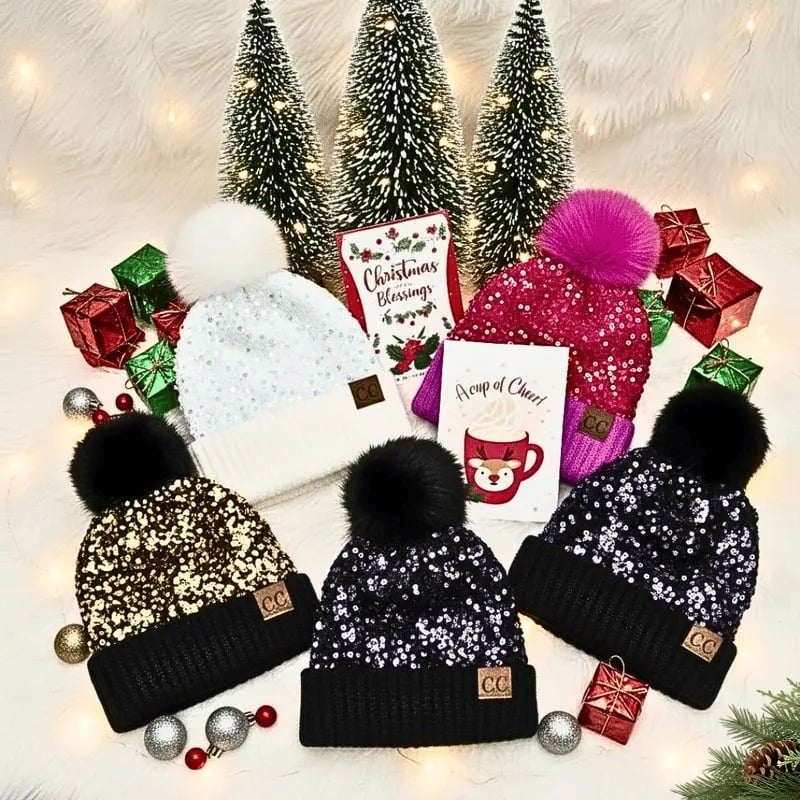 C.C Sequin Fur Pom Beanie