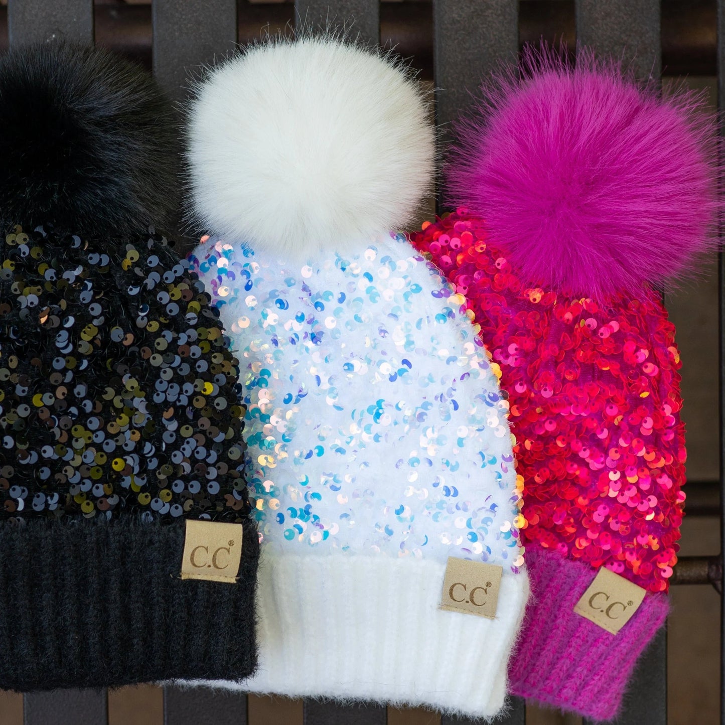 C.C Sequin Fur Pom Beanie