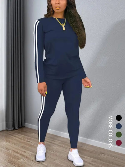 Women's Striped Print Long Sleeve Top & Pants Two-piece Set. Casual Fashion Cozy Round Neck Top & Trousers for Daily Outdoor Wear. Ladies Clothes