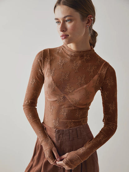 Women's Floral Lace Thumb Hole Sheer Tee