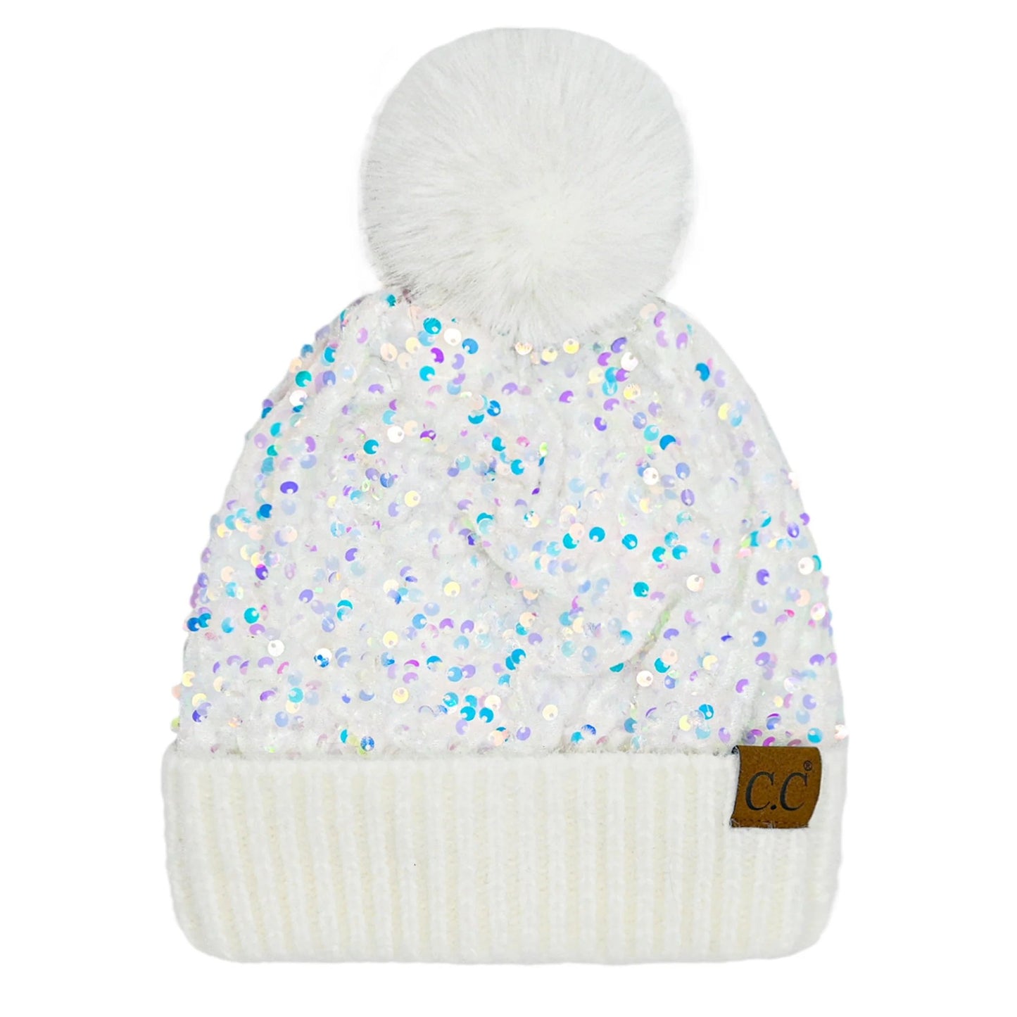 C.C Sequin Fur Pom Beanie