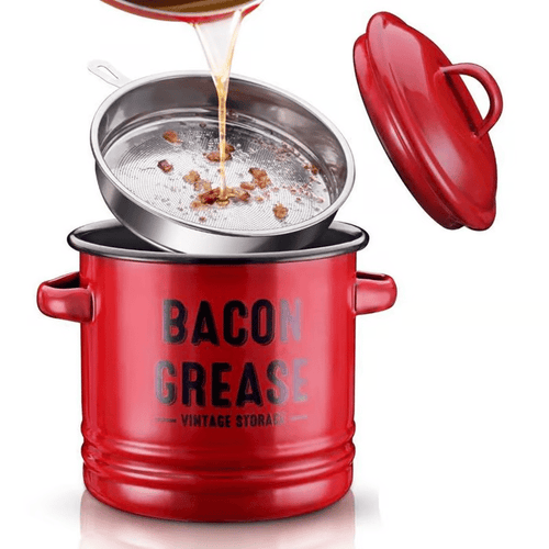 Top Christmas Gift 2025 🎅-46 oz bacon grease container with strainer and food-grade silicone spatula