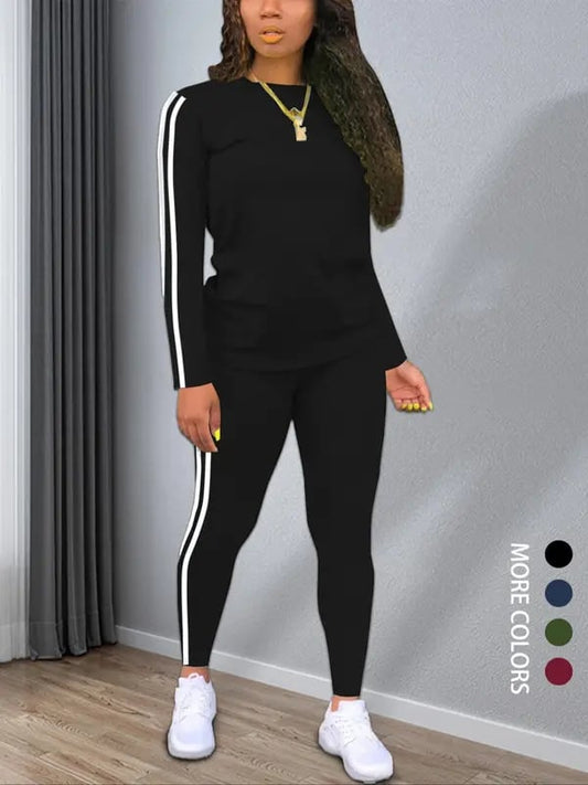 Women's Striped Print Long Sleeve Top & Pants Two-piece Set. Casual Fashion Cozy Round Neck Top & Trousers for Daily Outdoor Wear. Ladies Clothes
