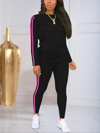 Women's Striped Print Long Sleeve Top & Pants Two-piece Set. Casual Fashion Cozy Round Neck Top & Trousers for Daily Outdoor Wear. Ladies Clothes