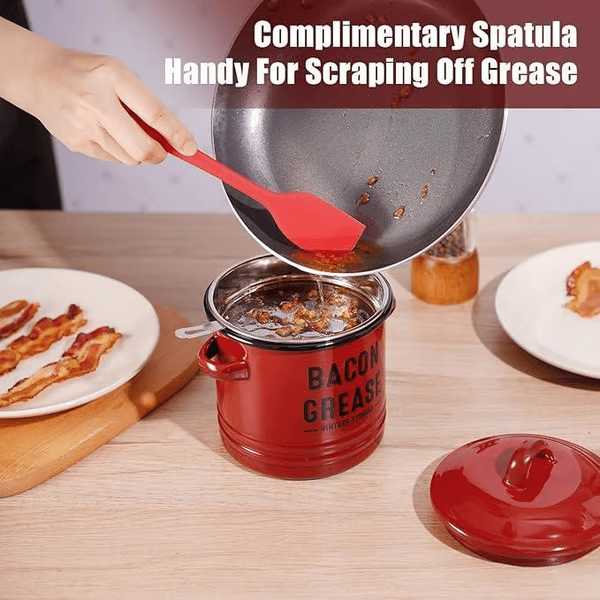 Top Christmas Gift 2025 🎅-46 oz bacon grease container with strainer and food-grade silicone spatula