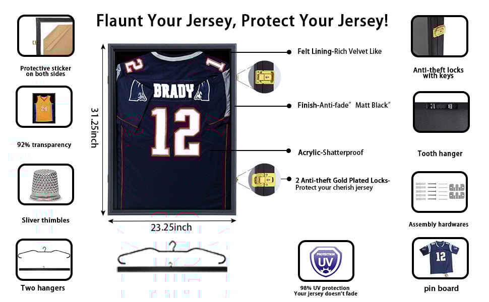 Large Wooden Jersey Display Frame Case Lockable/Sport Jersey Shadow Box with 98% UV Protection Acrylic