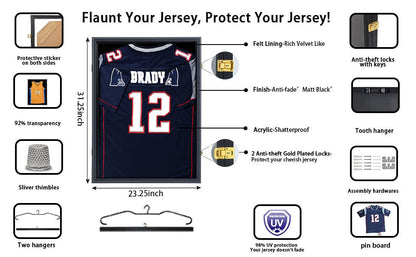 Large Wooden Jersey Display Frame Case Lockable/Sport Jersey Shadow Box with 98% UV Protection Acrylic