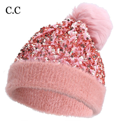 C.C Sequin Fur Pom Beanie