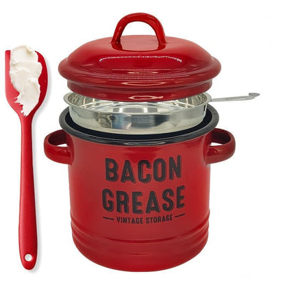 Top Christmas Gift 2025 🎅-46 oz bacon grease container with strainer and food-grade silicone spatula